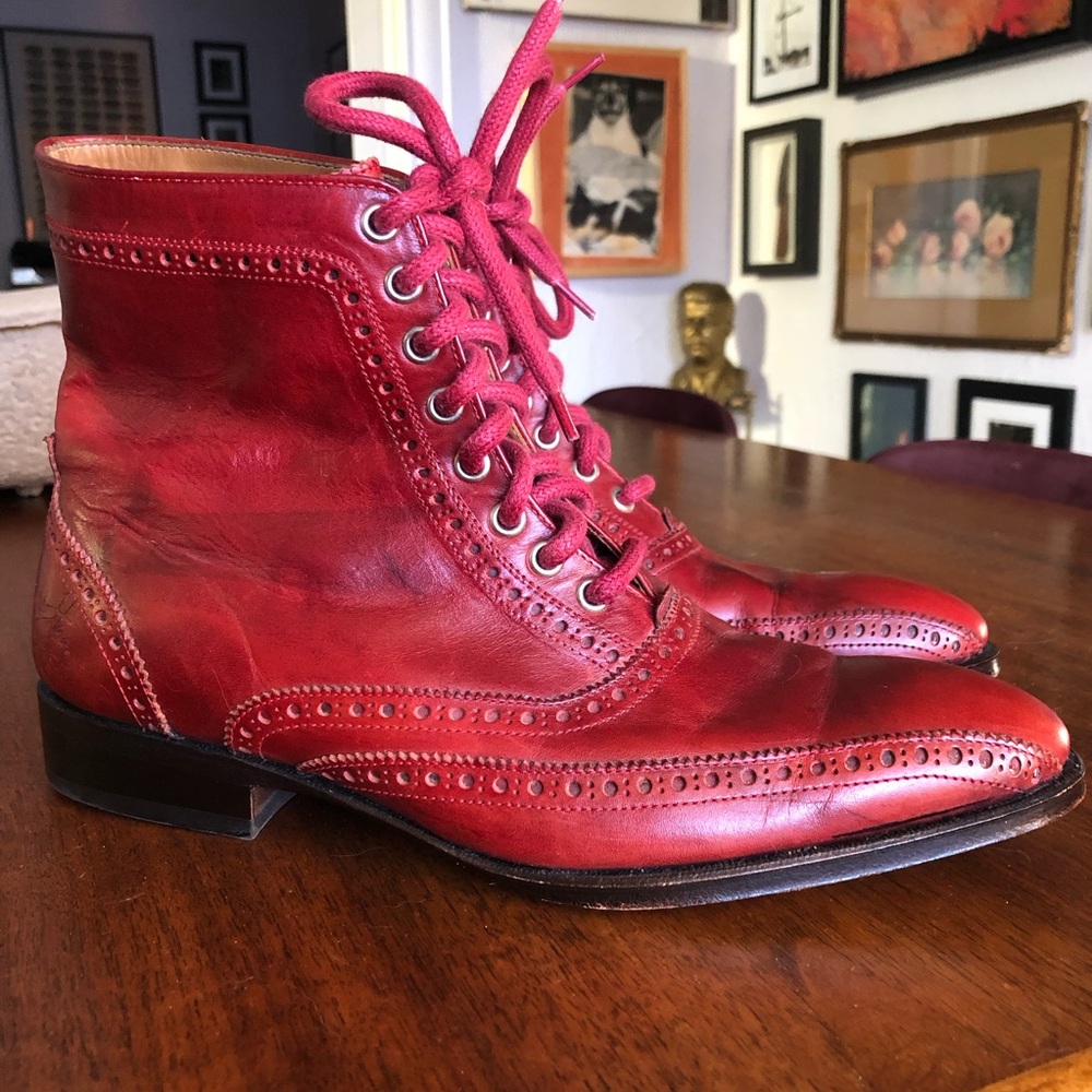 John Fluevog Red Leather Brogue Boots - Size 7.5M